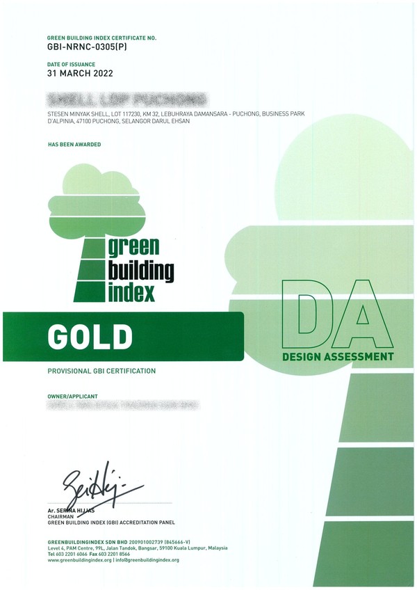 GBI Gold certificate (Design Assessment) — LDP Shell petrol station, Malaysia's first GBI Gold-rated petrol station