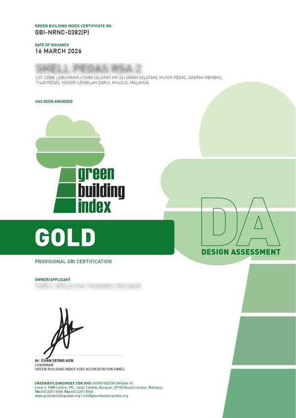 GBI Gold certificate (Design Assessment) — Pedas RSA energy retail hub, Negeri Sembilan